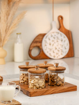 IREKA HOMES - Brown Sheen Acacia Wood Airtight Lid Glass Jars with Tray