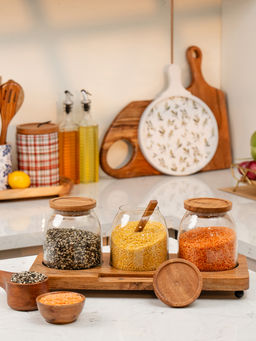 IREKA HOMES - Brown Savor Acacia Wood Airtight Lid Glass Jars with Spoon and Tray