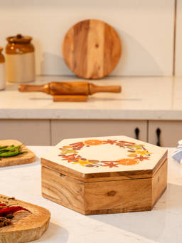 IREKA HOMES - Brown Rasika Acacia Wood & Brass Masala Box