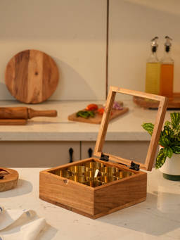 IREKA HOMES - Brown Sugandha Acacia Wood & Brass Masala Box