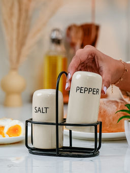 IREKA HOMES - Ivory & Iron Salt & Pepper Shaker with Carrier