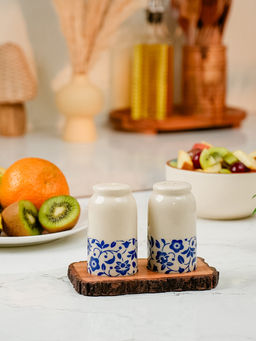 IREKA HOMES - White Bloom & Bark Salt & Pepper Shakers with Base Stand