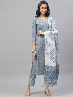 Divena - Turquoise Blue Cotton Floral Printed Kurta Pant with Dupatta (Set of 3)