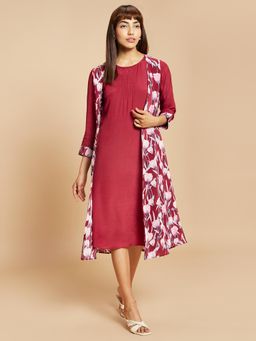 Navyasa By Liva - Maroon Woven Floral Print Tunic With Shrug