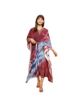 Navyasa By Liva - Red Liva Crepe Abstract Print Kaftan Dress with Belt