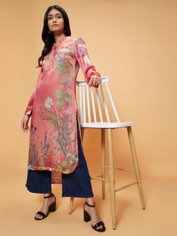 Navyasa By Liva - Red Liva Satin Floral Print Tunic