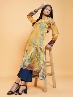 Navyasa By Liva - Yellow Liva Satin Floral Print Tunic