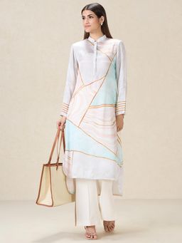 Navyasa By Liva - Beige Liva Satin Geometric Print Tunic