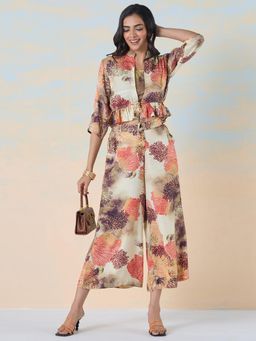 Navyasa By Liva - Brown Liva Slub Satin Digital Floral Print Co-Ord (Set of 3)