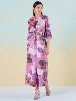 Navyasa By Liva - Purple Liva Slub Satin Digital Floral Print Co-Ord (Set of 3)