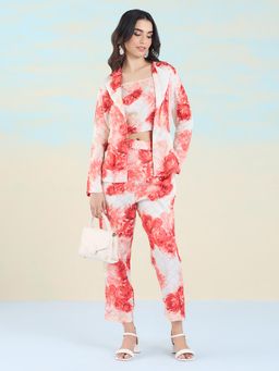 Navyasa By Liva - Red Liva Slub Satin Floral Print Co-Ord (Set of 3)