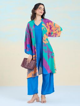 Navyasa By Liva - Blue Liva Crepe Abstract Print Jumpsuit With Green Shrug