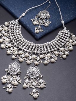 Karatcart - Oxidised Silver Handcrafted Pearl Kundan Choker Necklace Setfor Women (Set of 3)