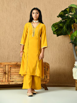 MYSHKA - Girls Calf Length Embellished Mustard Kurta with Pant