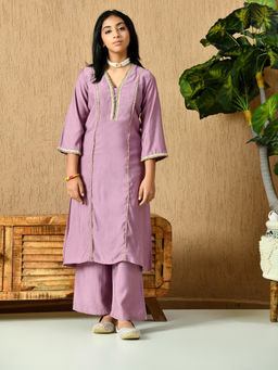MYSHKA - Girls Calf Length Embellished Lavender Kurta with Pant