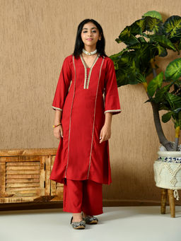 MYSHKA - Girls Calf Length Embellished Red Kurta with Pant