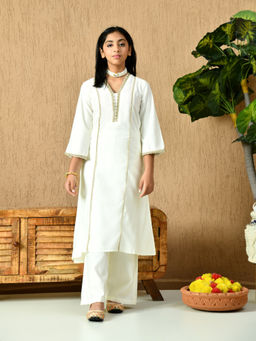 MYSHKA - Girls Calf Length Embellished White Kurta with Pant