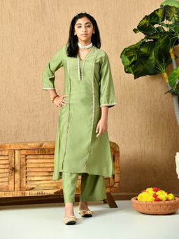 MYSHKA - Girls Calf Length Embellished Olive Kurta with Pant
