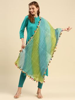 Dupatta Bazaar - Womens Green & Blue Kota Doria Leharia Print Dupatta