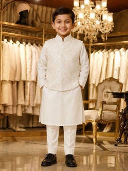 devils n angels - Boys White Embroidered Sequined Jacket with Kurta and Pyjama