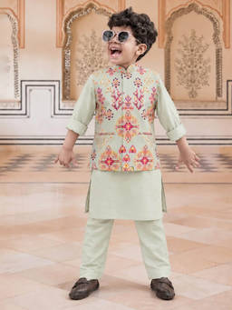 devils n angels - Boys Light Green Printed Jacket with Kurta and Pyjama