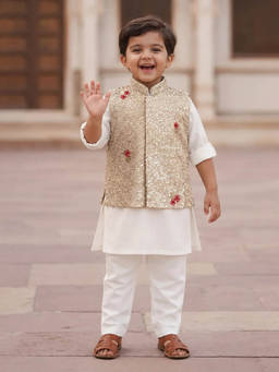 devils n angels - Boys Off White Floral Sequined Jacket with Kurta and Pyjama