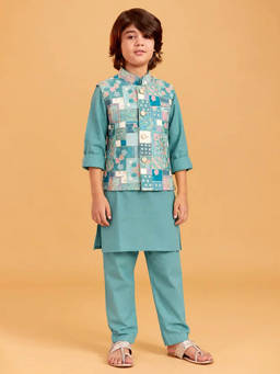 devils n angels - Boys Teal Floral Printed Jacket with Kurta and Pyjama