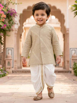 devils n angels - Boys Beige Embroidered Thread Work Kurta with Dhoti