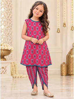 Superminis - Girls Pink Printed Kurti with Dhoti