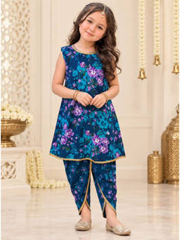 Superminis - Girls Navy Blue Floral Printed Kurti with Dhoti