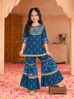 Superminis - Girls Navy Blue Floral Printed Kurti with Sharara