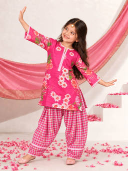 Superminis - Girls Pink Floral Printed Kurti with Salwar
