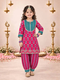 Superminis - Girls Pink Paisley Printed Kurti with Salwar