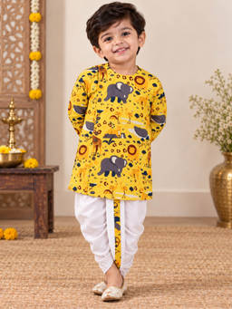 Superminis - Boys Yellow Printed Kurta with Dhoti