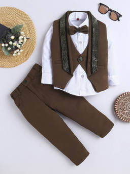 FOURFOLDS - Boys Dark Brown Embellished Waistcoat-shirt with Trouser and Bowtie