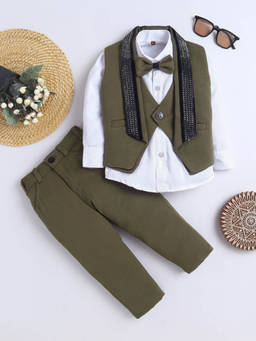FOURFOLDS - Boys Olive Embellished Waistcoat-shirt with Trouser and Bowtie