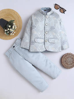 FOURFOLDS - Boys Light Blue Woven Sherwani with Pant