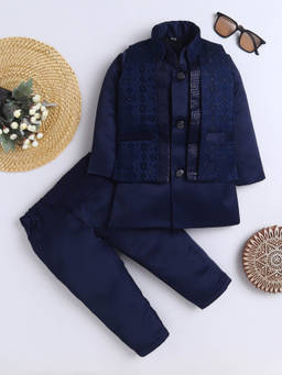 FOURFOLDS - Boys Navy Blue Embroidered Sequined Sherwani with Pant and Jacket