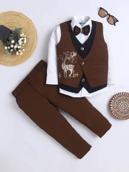 FOURFOLDS - Boys Brown Embellished Waistcoat-shirt with Trouser and Bowtie
