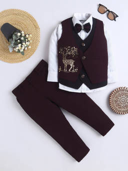 FOURFOLDS - Boys Burgundy Embellished Waistcoat-shirt with Trouser and Bowtie