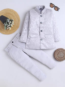 FOURFOLDS - Boys Grey Floral Sherwani with Pant