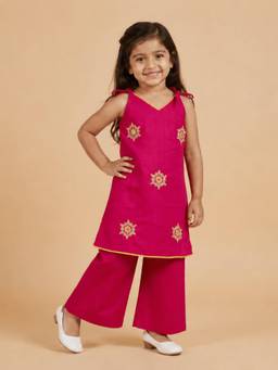 The Mom Store - Girls Pink Floral Embroidered Kurta with Pant
