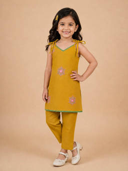 The Mom Store - Girls Mustard Floral Embroidered Kurta with Pant