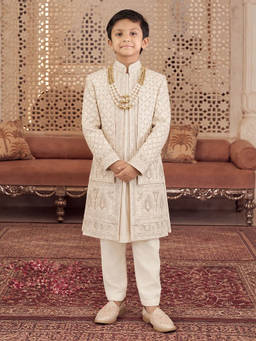 devils n angels - Boys Cream Embroidered Sequined Sherwani with Pyjama