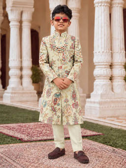 devils n angels - Boys Green Floral Printed Sherwani with Pyjama