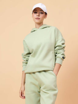 Fitkin - Women's Solid Pista Green Cozy core Fleece Hoodie