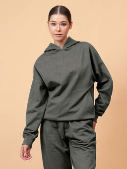 Fitkin - Women's Solid Grey Melange Cozy core Fleece Hoodie