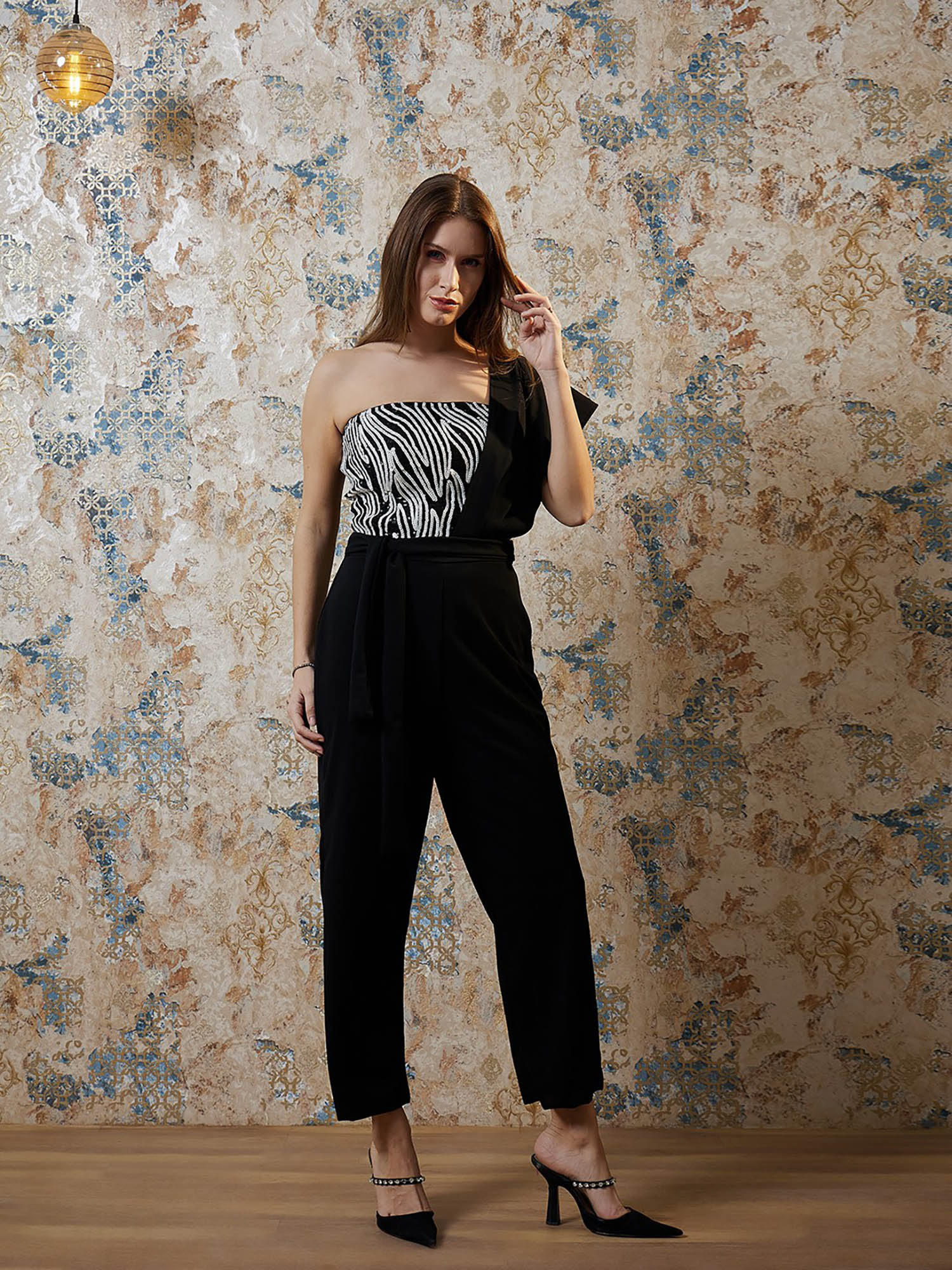 aarein Women Black One Shoulder Sequined Polyester Party Jumpsuit-picture-14