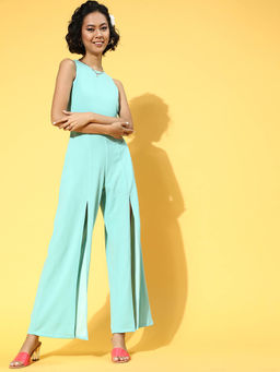 AAREIN - Women Sky Blue Sleeveless Solid Polyester Jumpsuit