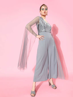 AAREIN - Women Grey Sequined Polyester Party Jumpsuit